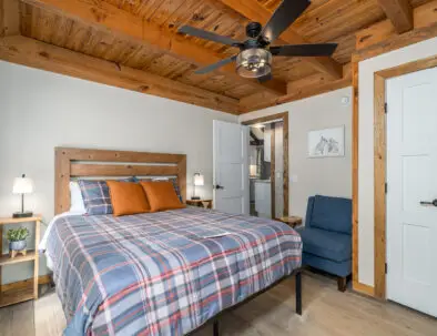 Time for some sleep? Our first main floor bedroom has a queen bed, coffee maker, reading chair, alarm clock, ceiling fan, smart tv, Echo speaker, and flashlights at the ready