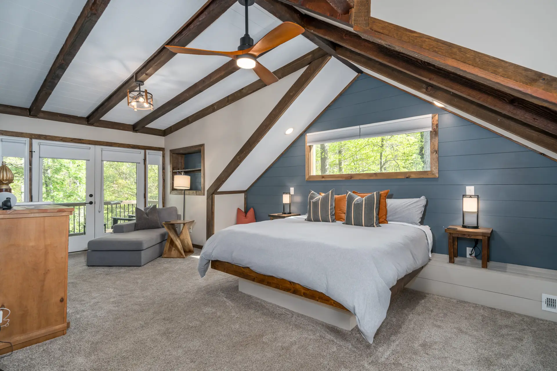 Along with the king bed you will find a comfortable chaise by the river view for your relaxing pleasure and access to the private ensuite bathroom
