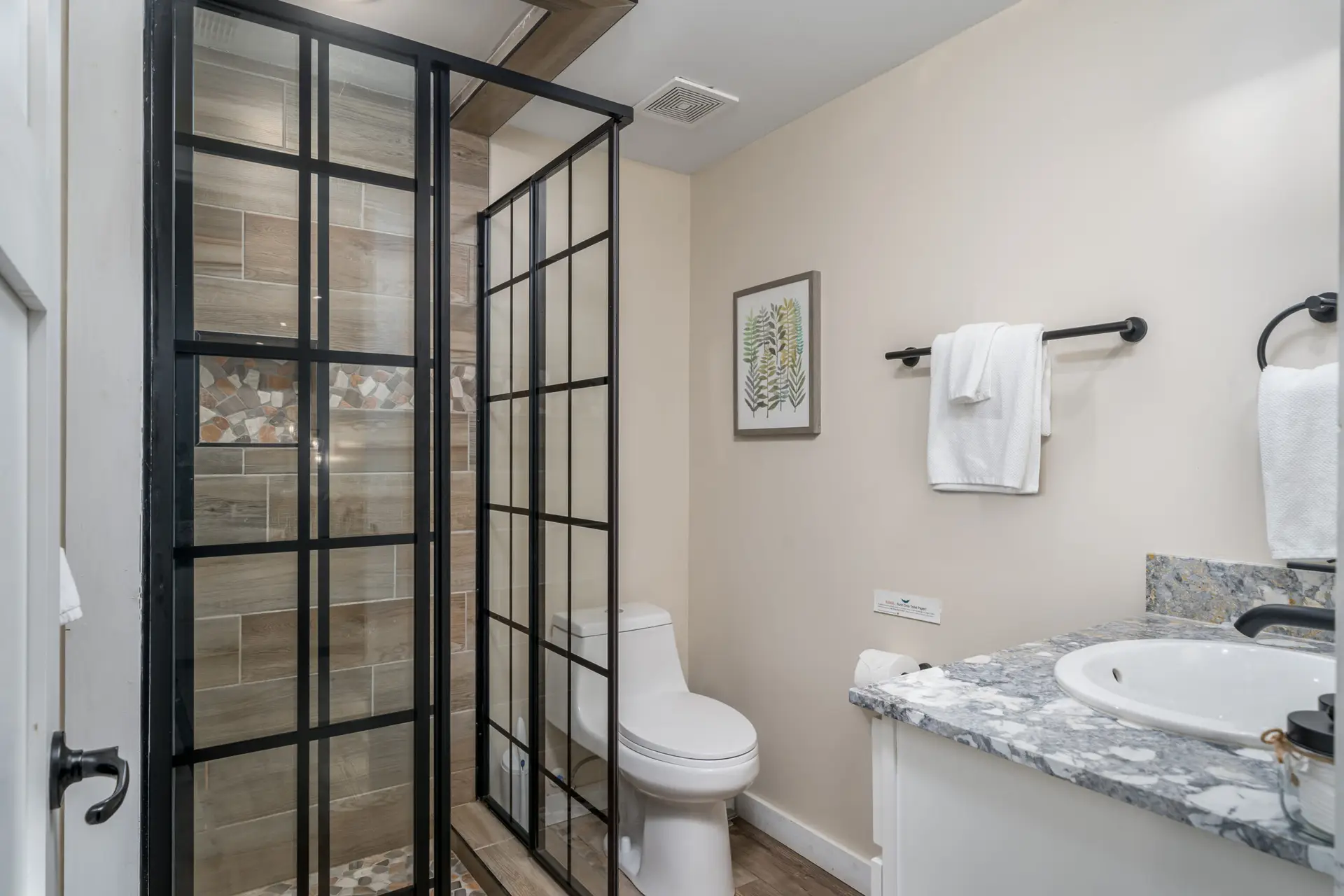 The terrace level master has private access to a shared bath that includes a shower with all the amenities you need for your stay