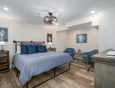 Our terrace level master bedroom has a king bed, two comfortable chairs for relaxing, TV, coffee maker, ceiling fan, flashlights, Echo speaker. All you need to escape and relax